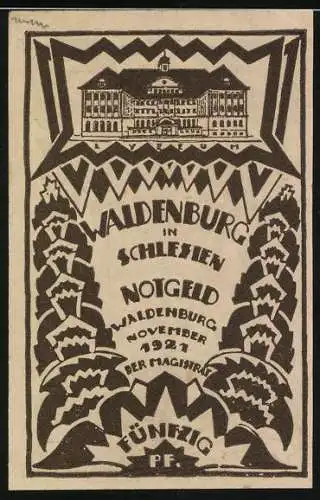 Notgeld Waldenburg 1921, 50 Pfennig, Tannenbaum und Gebäude-Motive