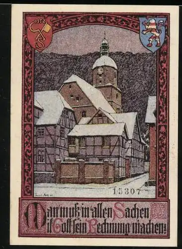 Notgeld Bad Sooden, 25 Pfennig, verschneite Stadtansicht mit Kirche, Seriennummer und Wappen