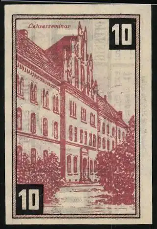 Notgeld Wunstorf 1922, 10 Pfennig, Lehrer-Seminar-Gebäude und Stadtwappen