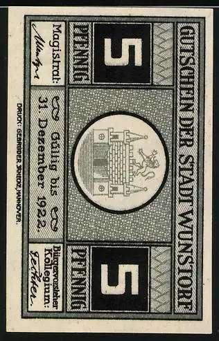 Notgeld Wunstorf 1922, 5 Pfennig, Altes Rathaus, Stadtwappen, gültig bis 31. Dezember 1922