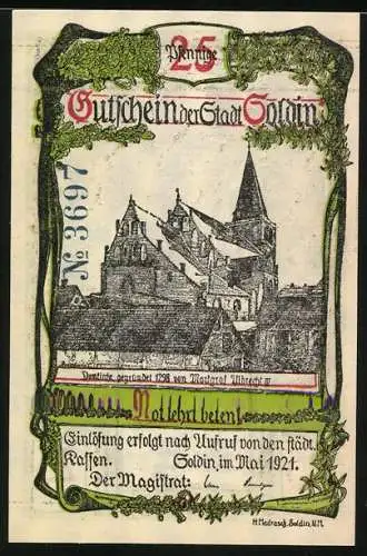 Notgeld Soldin 1921, 25 Pfennig, Stadttor und Kirchenansicht, Seriennummer 33697