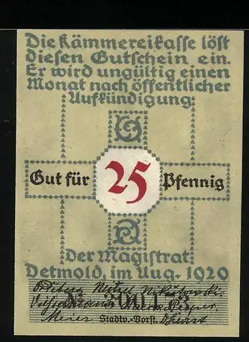 Notgeld Detmold 1920, 25 Pfennig, Hermannsdenkmal mit Bäumen und Schriftzug Deutsche Einigkeit, meine Stärke