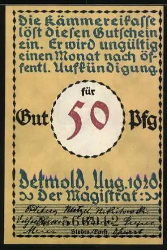 Notgeld Detmold 1920, 50 Pfennig, Soldat mit Gewehr und Stadtansicht