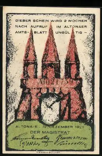 Notgeld Altona 1921, 80 Pfennig, rotes Gebäude mit drei Türmen und Kirche im Dorf