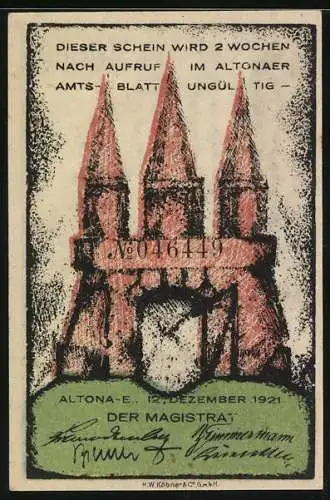 Notgeld Altona 1921, 30 Pfennig, dreitürmiges Gebäude und abstrakte Szene