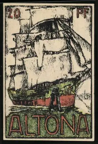 Notgeld Altona 1921, 20 Pfennig, Segelschiff und Kirche, Seriennummer 074540