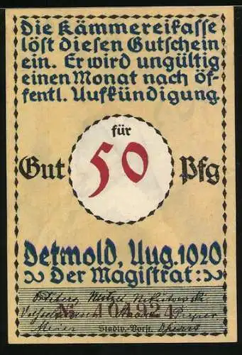 Notgeld Detmold 1920, 50 Pfennig, Soldat mit Gewehr und Kirche im Hintergrund