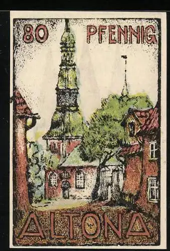 Notgeld Altona 1921, 80 Pfennig, Kirche und Häuser, drei Türme und Wappen