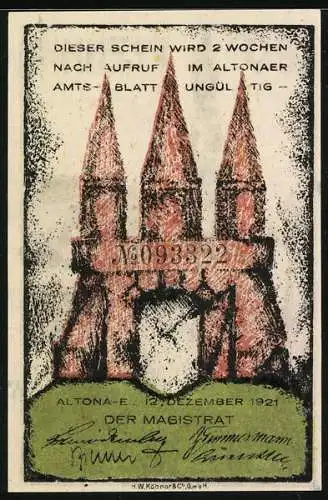 Notgeld Altona 1921, 80 Pfennig, Kirche und Häuser, drei Türme und Wappen