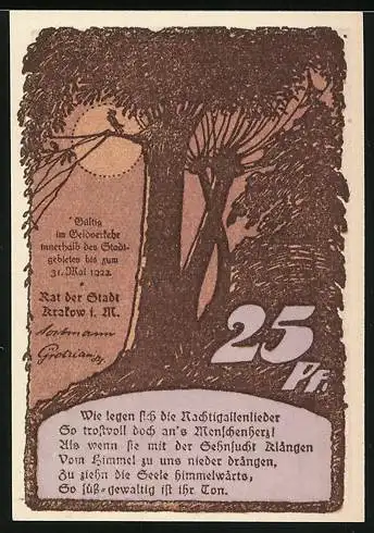 Notgeld Krakow 1922, 25 Pfennig, Arbeiter mit Fass und Baum mit Gedicht