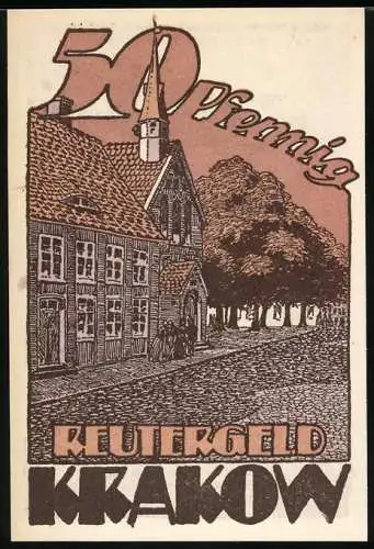 Notgeld Krakow 1922, 50 Pfennig, Stadtansicht und mythologische Szene mit Gedicht