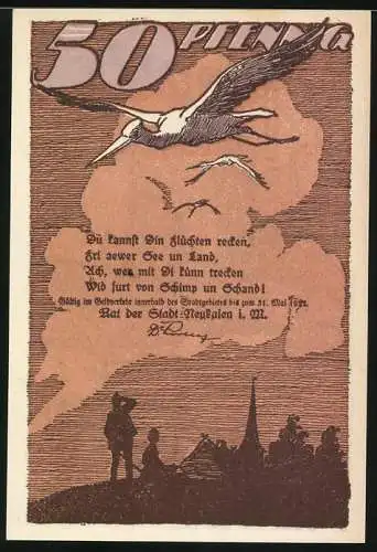 Notgeld Neukalen, 50 Pfennig, Kühe und Kirche, Storch und Gedicht