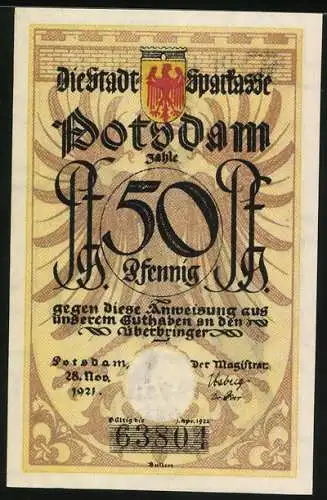 Notgeld Potsdam 1921, 50 Pfennig, Soldat auf Pferd, Musiknoten und Stadtwappen