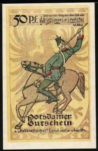 Notgeld Potsdam 1921, 50 Pfennig, Reiter mit Lanze und Noten, Seriennummer und Wappen.