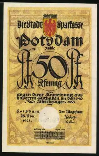 Notgeld Potsdam 1921, 50 Pfennig, Reiter mit Lanze und Noten, Seriennummer und Wappen.