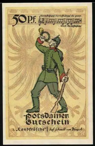 Notgeld Potsdam 1921, 50 Pfennig, Soldat mit Trompete und Notenblatt, Seriennummer 65408, Stadtwappen