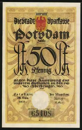 Notgeld Potsdam 1921, 50 Pfennig, Soldat mit Trompete und Notenblatt, Seriennummer 65408, Stadtwappen