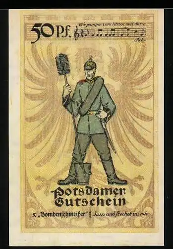 Notgeld Potsdam 1921, 50 Pfennig, Soldat mit Bürste, Seriennummer 638410, Stadtwappen