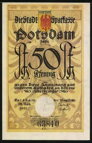 Notgeld Potsdam 1921, 50 Pfennig, Soldat mit Bürste, Seriennummer 638410, Stadtwappen