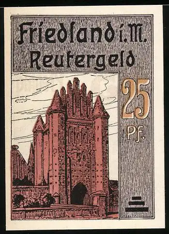 Notgeld Friedland i. M. 1922, 25 Pfennig, Stadttor und Rathausabbildung