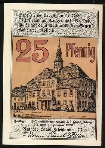 Notgeld Friedland i. M. 1922, 25 Pfennig, Stadttor und Rathausabbildung