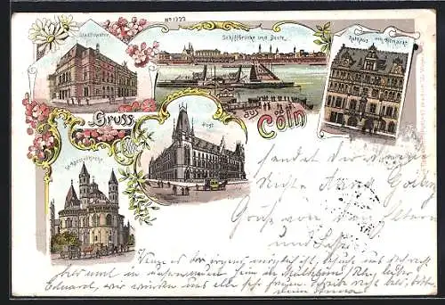 Lithographie Köln, St. Apostelkirche, Post, Stadttheater, Schiffsbrücke & Deutz