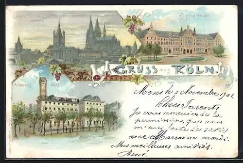 Lithographie Köln, Justizgebäude, Richmodis-Haus, Blick von der Schiffsbrücke zur Stadt