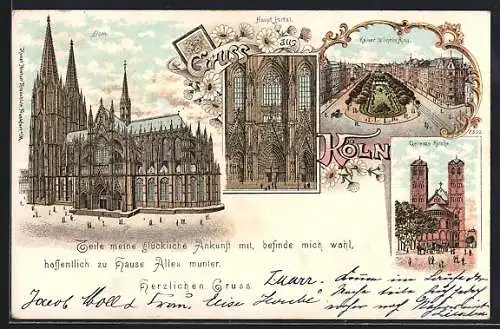 Lithographie Köln, Dom und Gereons Kirche