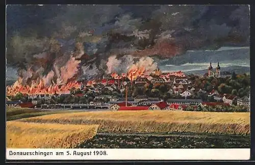 Künstler-AK Donaueschingen, Brand 1908, Teilansicht