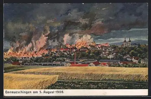 Künstler-AK Donaueschingen, Brand 1908, Teilansicht