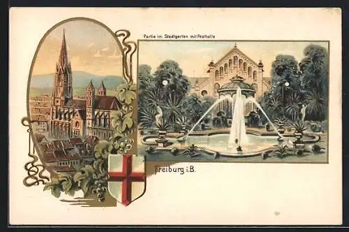 Lithographie Freiburg i. B., Partie im Stadtgarten mit Festhalle, Münster