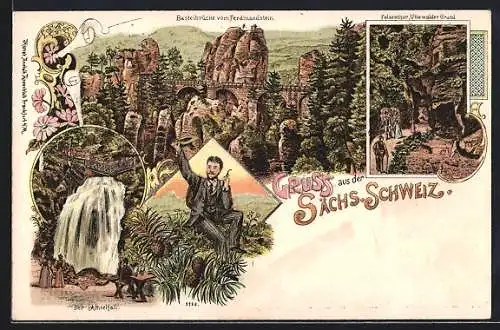 Lithographie Hohnstein / Sächs. Schweiz, Basteibrücke, Felsenthor, Der Amselfall, Mann mit Pfeife