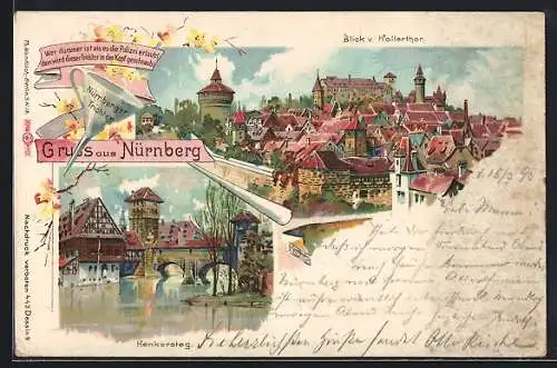 Lithographie Nürnberg, Henkersteg, Blick vom Hallertor zur Burg, Reklame f. Deutschland-Fahrräder v. A. Stukenbrok