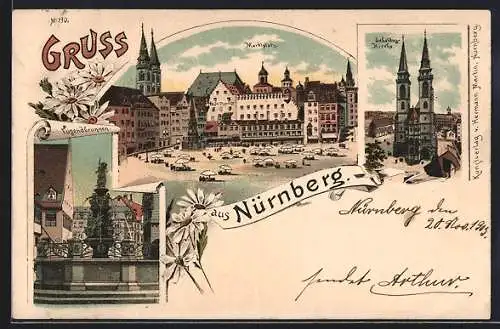 Lithographie Nürnberg, Marktplatz, Sebaldus-Kirche, Jugendbrunnen