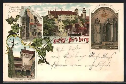 Lithographie Nürnberg, Burg, Eiserne Jungfrau, Schlosshof mit Linde