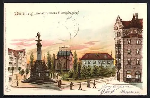 Sonnenschein-Lithographie Nürnberg, Kunstbrunnen mit Ludwigsbahnhof