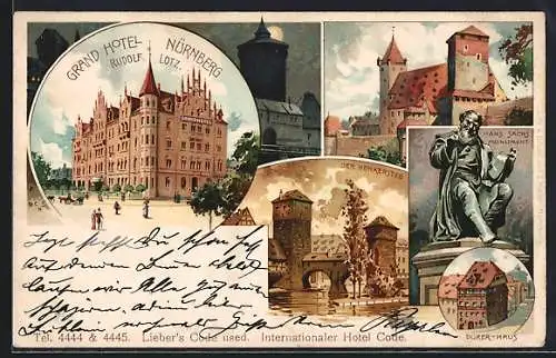 Lithographie Nürnberg, Grand-Hotel Schnorr, Henkersteg und Dürer-Haus