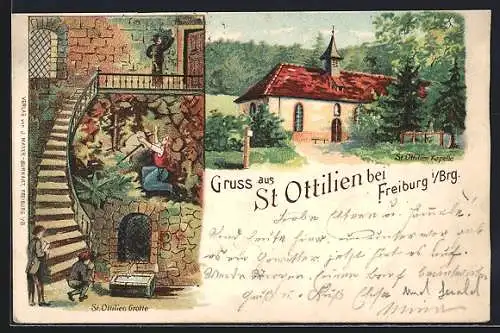 Lithographie St. Ottilien bei Freiburg, St. Ottilien Kapelle und St. Ottilien Grotte