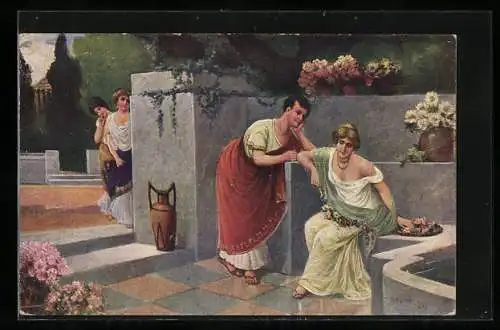 Künstler-AK sign. J. Bertram: Zwei Frauen belauschen ein Paar