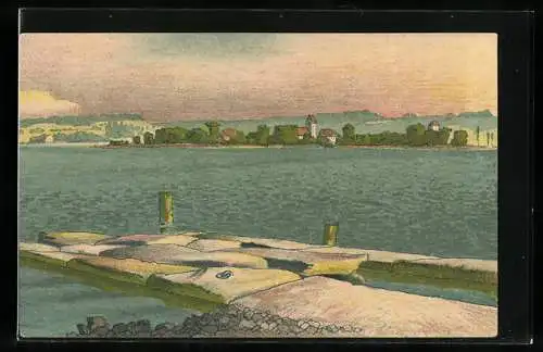 Lithographie Ufenau, Blick auf die Insel im Zürichsee