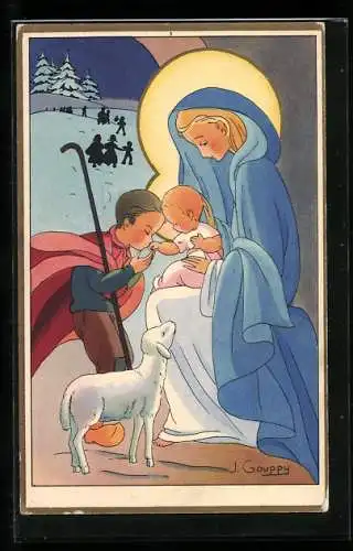 Künstler-AK sign.: J. Gouppy, Hirte küsst Baby Jesus die Hand, Maria mit Heiligenschein, Goldrahmen