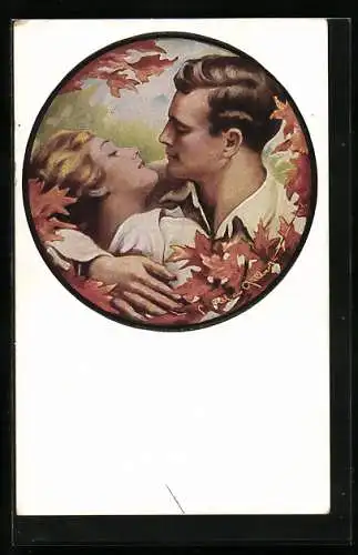 Künstler-AK sign. Gilbert: Liebespaar umarmt sich, herbstliche Blätter