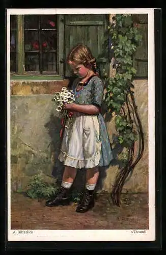 Künstler-AK sign. A. Bitterlich: Kleines Mädchen mit Gänseblümchen-Strauss