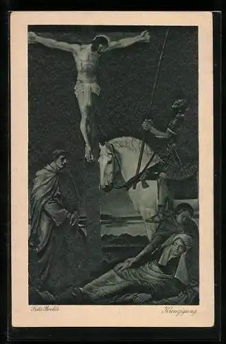 Künstler-AK sign. Fritz Boehle: Römischer Soldat betrachtet Jesus auf dem Kreuz