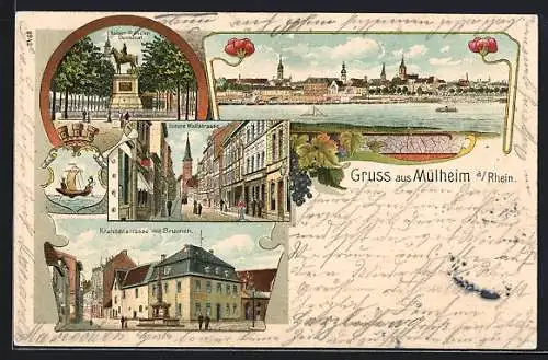 Lithographie Mülheim a. Rhein, Krahnenstrasse mit Brunnen, Untere Wallstrasse