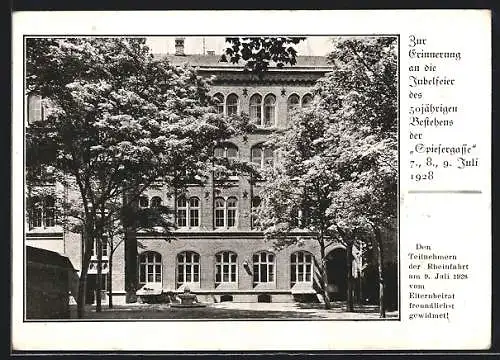 AK Köln, 50jähriges Bestehen der Spiesergasse 1928, Gebäudeansicht mit Brunnen, Karte des Elternbeirates