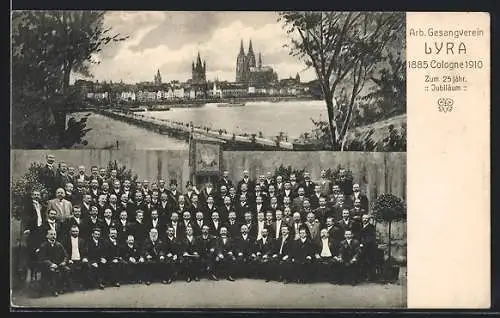 AK Köln, Arb. Gesangverein Lyra, 25. Jubiläum 1910, Gruppenfoto, Rheinpanorama