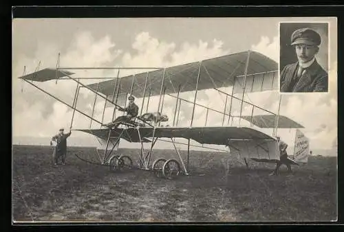 AK Felix Laitsch, Ingenieur und Aviatiker, Rundflug durch Sachsen 1911, Doppeldecker-Flugzeug