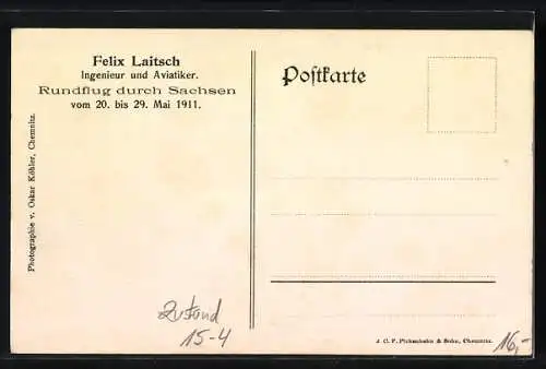 AK Felix Laitsch, Ingenieur und Aviatiker, Rundflug durch Sachsen 1911, Doppeldecker-Flugzeug