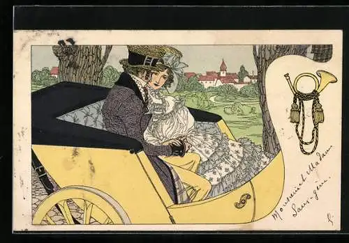 Künstler-AK Liebespaar fährt in einem Auto, Jugendstil